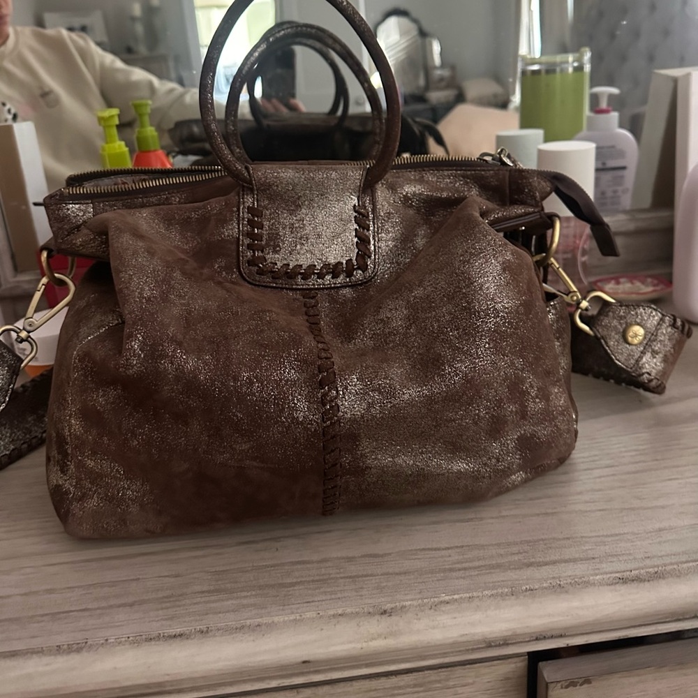 HOBO Metallic Brown Leather Satchel with Top Handles